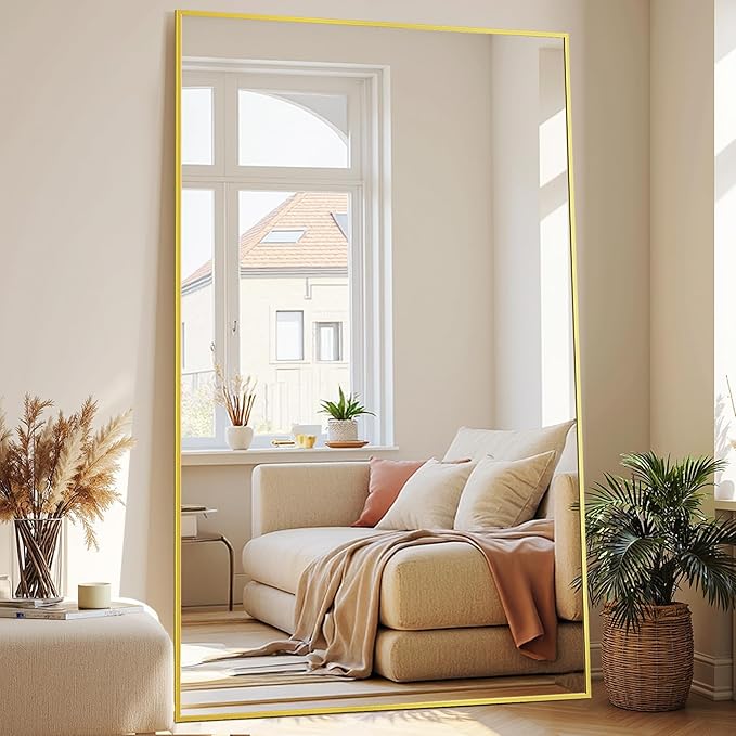 Full-Length Floor Mirror with Stand, 72"x44" Rectangle Style Full Body Standing Mirror for Bedroom, Living Room, Gym, Dorm - Shatter-Resistant & Easy Assembly, Gold-DeskLoop Office