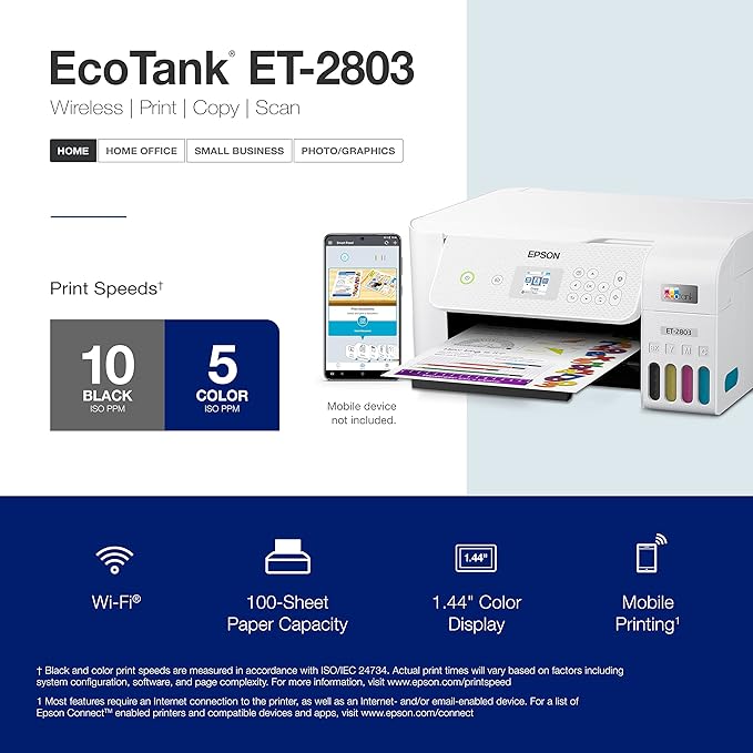 Epson EcoTank ET-2803 Wireless Color All-in-One Cartridge-Free Supertank Printer with Scan, Copy and AirPrint Support-DeskLoop Office