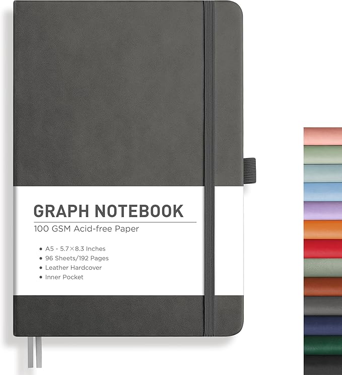 RETTACY Graph Grid Paper Notebook, 192 Pages, A5 Medium Size (5.7'' x 8.3''), 5 Squares per Inch, Leather Hardcover, 100 GSM Thick Paper, for School, Students, Math, Engineering (Gray)-DeskLoop Office