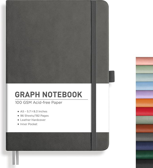 RETTACY Graph Grid Paper Notebook, 192 Pages, A5 Medium Size (5.7'' x 8.3''), 5 Squares per Inch, Leather Hardcover, 100 GSM Thick Paper, for School, Students, Math, Engineering (Gray)-DeskLoop Office
