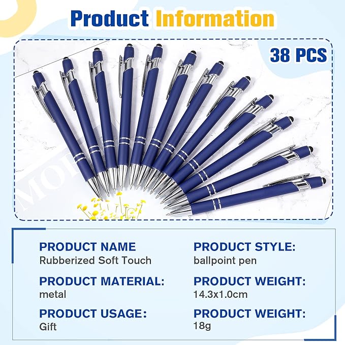 Zonon 38 Pieces Rubberized Ballpoint Pen with Stylus Tip Stylish Metal Pen Capacitive Styli with Soft Rubberized Grip, Black Ink for Most Devices(Dark Blue)