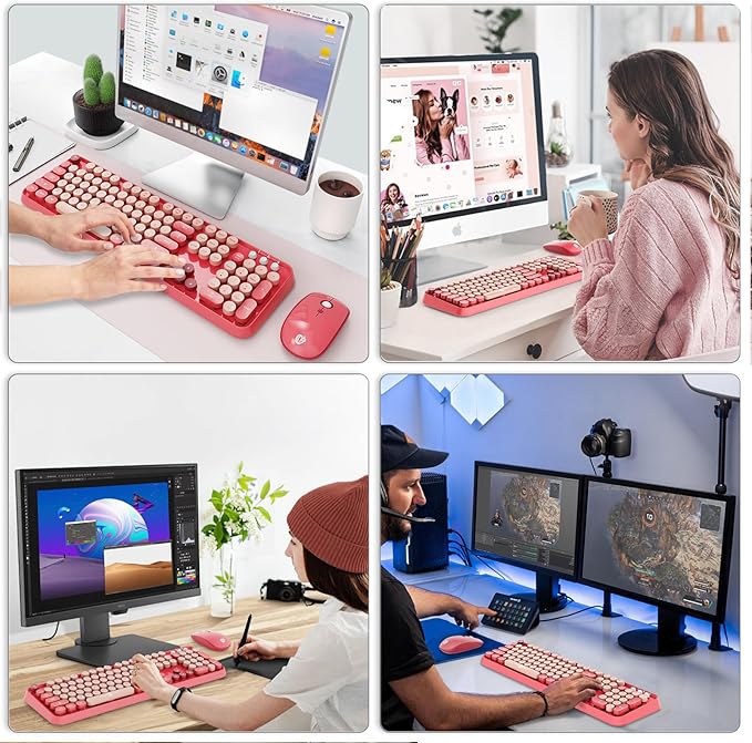 Wireless Keyboard and Mouse Combo, 2.4 GHz Wireless Full-Sized Typewriter Keyboard with Round Keycaps for Windows, Computer, Desktop, PC, Laptop (BerryPink)-DeskLoop Office