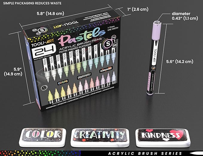 24 Flexible Brush Tip Acrylic Paint Pens Markers Set 1-7mm Line for Rock Painting, Brush Lettering, Glass, Mugs, Wood, Metal, Canvas, Fabric, Plastic Non Toxic Waterbased Quick Drying Assorted Pastel-DeskLoop Office
