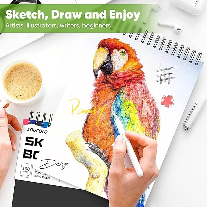 Professional Drawing Supplies for Sketch, Charcoal, Colored, Graphite, Pastel Pencils & Sticks. Soucolor 2-Pack 9" x 12" Sketch Book, 200 Sheets Spiral Bound 68lb/100gsm Paper for Kids Adults Artists-DeskLoop Office