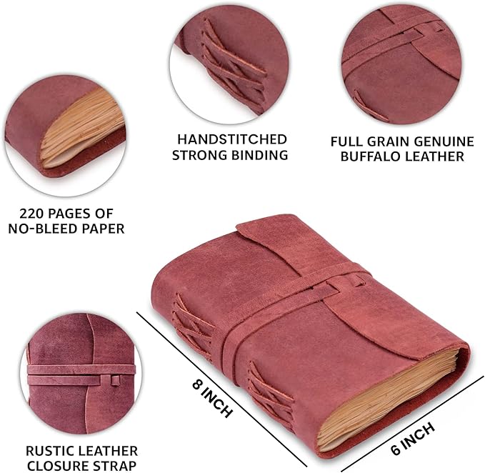 LEATHER VILLAGE Leather Bound Journal - Fuchsia, 8"X6", 220 Pages - Vintage Blank Paper Diary for Writing, Drawing, Sketchbook, and Travel Notebook - Ideal for Women and Men-DeskLoop Office