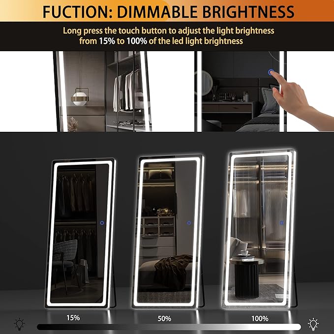 Hasipu Full Length Mirror with Lights, 65" x 22" LED Floor Mirror, Full Body Dressing Standing, Hanging Mounted Mirror for Living Room Bedroom Cloakroom, Round Black-DeskLoop Office