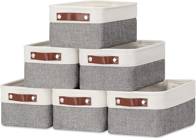 DULLEMELO Small Storage Baskets 6 Pack, Fabric Collapsible Gift Storage Baskets for Shelves, Closets, Nursery, Home, Office Organizing,Small Canvas Linen Rectangular Storage Bins (6-Pack, White&Grey)-DeskLoop Office