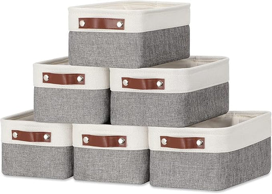 DULLEMELO Small Storage Baskets 6 Pack, Fabric Collapsible Gift Storage Baskets for Shelves, Closets, Nursery, Home, Office Organizing,Small Canvas Linen Rectangular Storage Bins (6-Pack, White&Grey)-DeskLoop Office