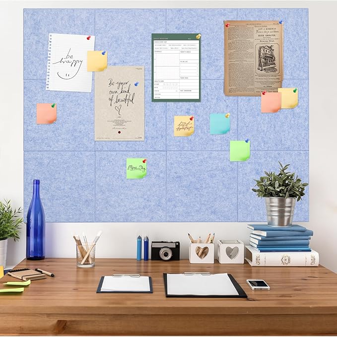 Large Cork Board Alternative, 15 Pack Felt Board with Safe Removable Adhesive Tabs Felt Wall Tiles, Large Cork Boards for Walls, Cork Board for Home Office, Pin Boards for Walls, Light Blue-DeskLoop Office