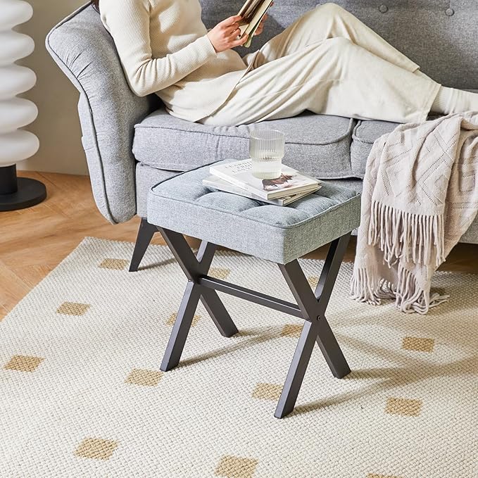 IBUYKE Square Makeup Stool with X-Leg Foot Rest, Linen Footrest, Ottoman Seat, Multi-Use as Small Side Table, for Bedroom, Living Room, Blue Gray LG-70L-DeskLoop Office