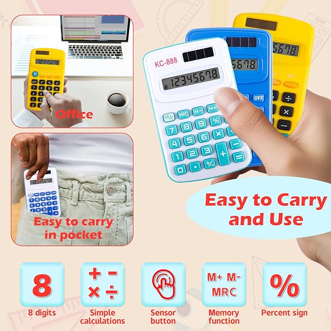 48 Pcs Pocket Calculator,Pocket Size Basic Calculators,8 Digit Display Solar Battery Dual Power Desktop Calculators,Mini Calculator for Students,Home,Office, 3 Styles-DeskLoop Office