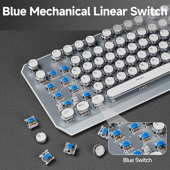 EWEADN Wireless Mechanical Typewriter Keyboard,80% Layout with White Backlit, Anti-Ghosting, Blue Switch Bluetooth/2.4GHz/USB-C Aesthetic Keyboard-White-DeskLoop Office