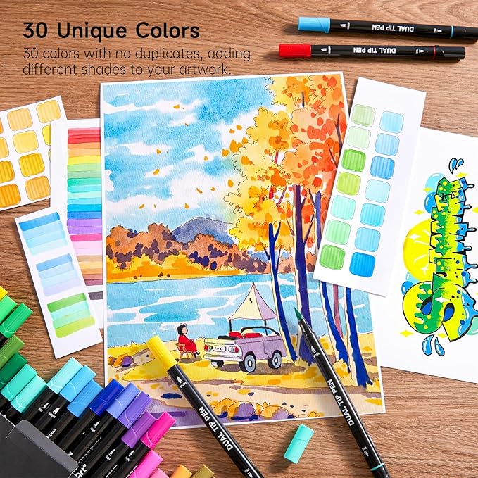 Shuttle Art Dual Tip Brush Marker Pens, 30 Colors Dual Tip Calligraphy Pens Fine and Brush Tip Markers Set, Water-based Ink Perfect for Kids Adult Artist Calligraphy Journal Doodling Writing-DeskLoop Office