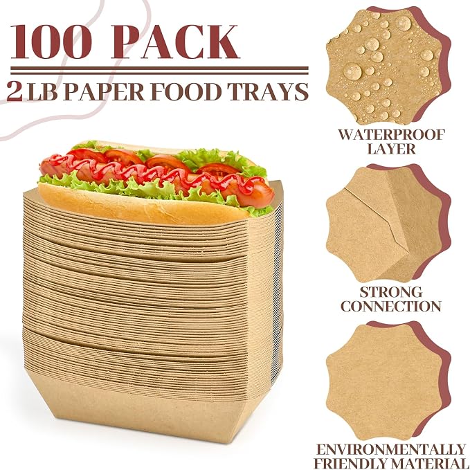 Ocmoiy 2lb Paper Food Trays, 100 Pack Heavy Duty Kraft Food Boats Holders - Image 3