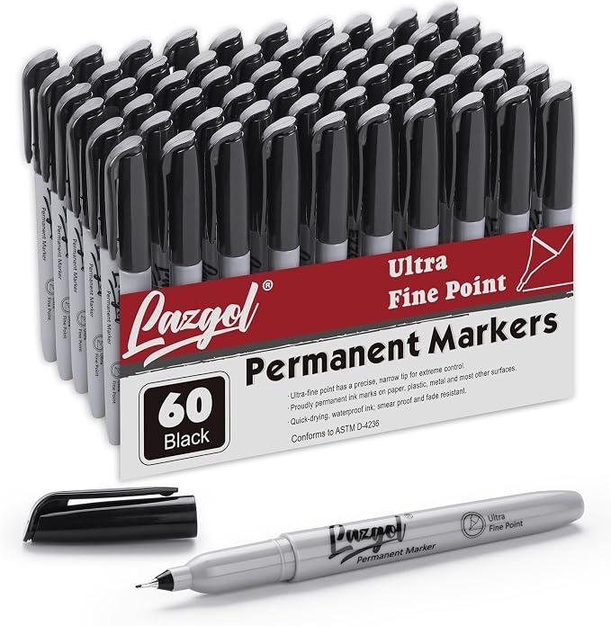 LAZGOL Permanent Markers Bulk, Ultra Fine Point, 60 Pack Black 0.4 mm Permanent by LAZGOL