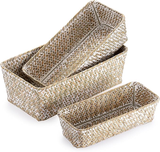 3 Natural Wicker Baskets Set Rectangular Handwoven Seagrass Basket Storage Bins by Unknown