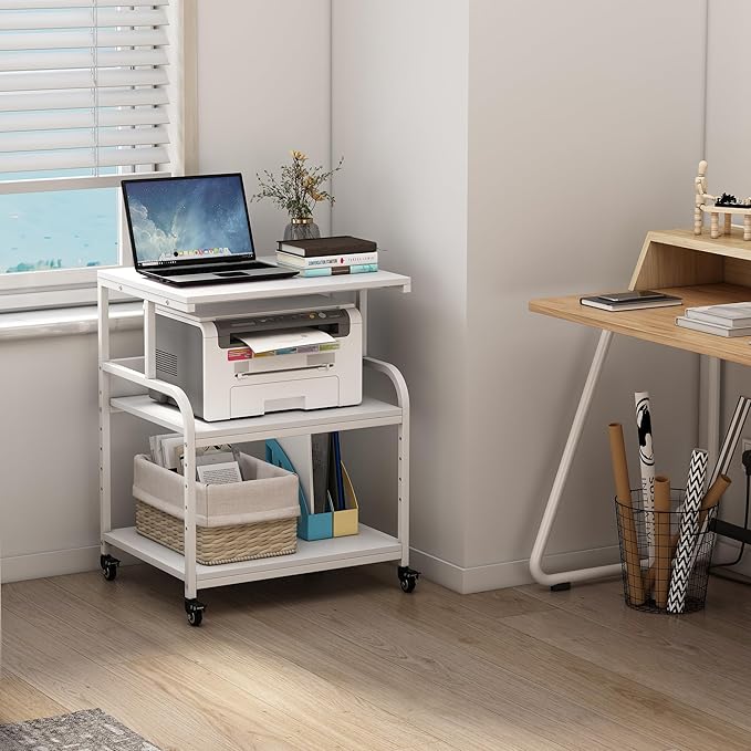White Printer Stand, 23.6 x18.9 x 30 Inches Big Size Printer Table with Adjustable Shelf, 3 Tier Rolling Printer Cart with Wheels for Home Office Storage and Organization-DeskLoop Office