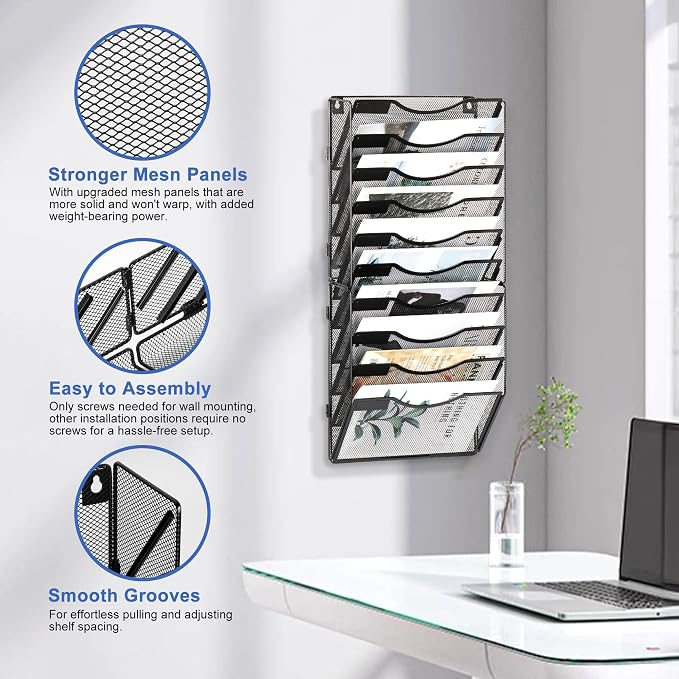 EasyPAG Wall File Organizer for Office 10 Pocket Mesh Wall Mounted Paper - Image 2