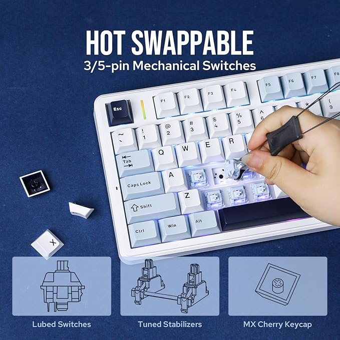 EPOMAKER X Aula F99 PRO Wireless Gaming Keyboard with 8000mAh Battery, Hot Swappable Creamy Keyboard, 2.4GHz/Type-C/BT5.0, NKRO, RGB Backlit for Win/Mac/Gaming (Blue&White)-DeskLoop Office