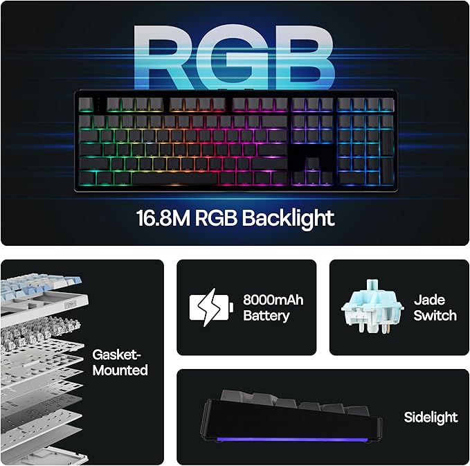 EPOMAKER TH108 Full Size Mechanical Keyboard, Wireless Gaming Keyboard, 8000mAh Battery, Creamy Gasket, 108 Keys, Hot Swap, Custom Driver, RGB Backlights (Black, Creamy Jade Switch)-DeskLoop Office