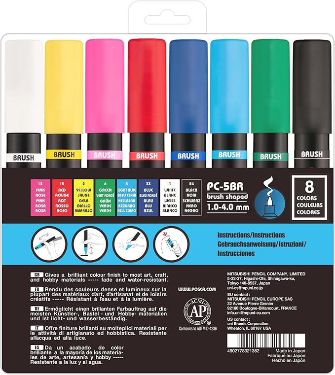 POSCA PC-5BR Water-Based Paint Markers, Reversible Brush Tip, 8 pack - Image 2