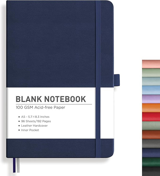 RETTACY Blank Journal Notebook, 192 Pages, A5 Medium Size (5.7'' x 8.3''), Leather Hardcover, 100 GSM Thick Paper, for Sketching, Drawing, Painting (Navy Blue)-DeskLoop Office
