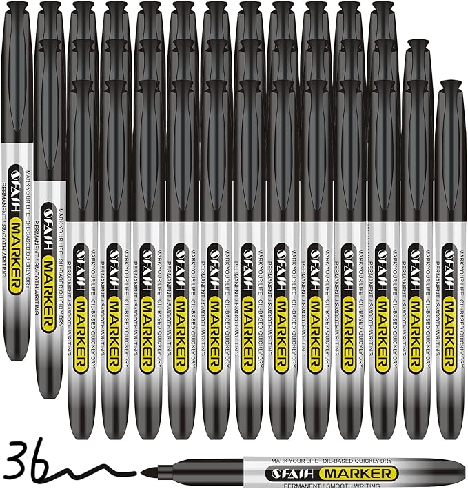 SFAIH Black Permanent Markers Bulk - 36 Pack, 1s Quick Dry, Non-Fading, Fine Point Permanent Pens for Plastic Glass Metal Wood Paper Stone, Office Classroom Kitchen, Doodling, Marking, Waterproof-DeskLoop Office