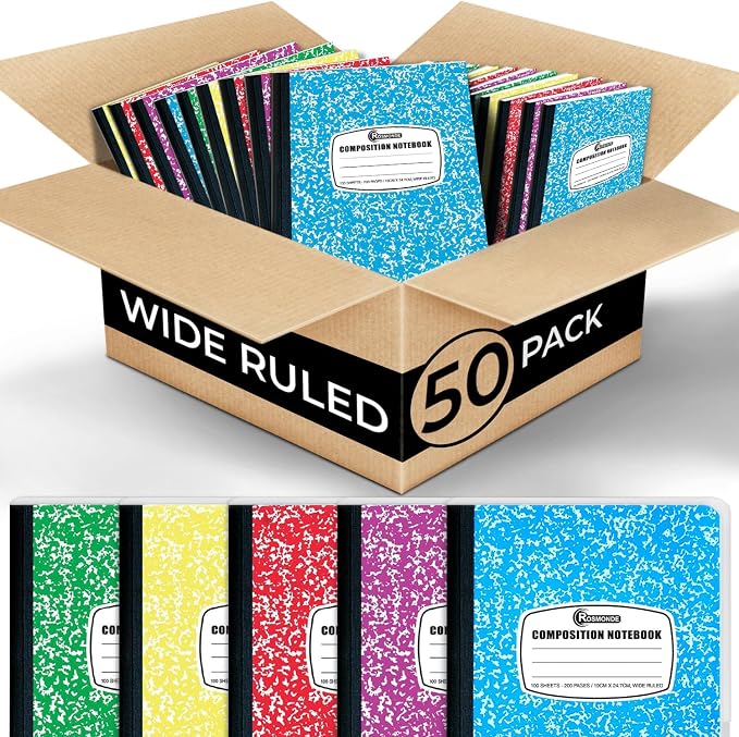 Rosmonde 50 Pack Bulk Composition Notebook Wide Ruled, 200 Pages, 9-3/4 x 7-1/2" by Rosmonde