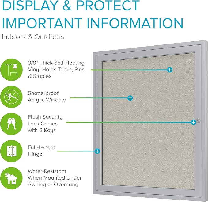 Ghent 36"x30" 1-Door Outdoor Enclosed Vinyl Bulletin Board, Shatter Resistant, with Lock, Satin Aluminum Frame - Ivory (PA13630VX-185), Made in the USA-DeskLoop Office