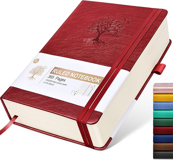 Lined Journal Notebook -365 Pages A5 Thick Journals for Writing Ruled Notebook, Hardcover Leather Journal for Women Men, Daily Notebook for Work, Note Taking, 100Gsm Lined Paper(5.7'' X 8.3'' Wine)-DeskLoop Office