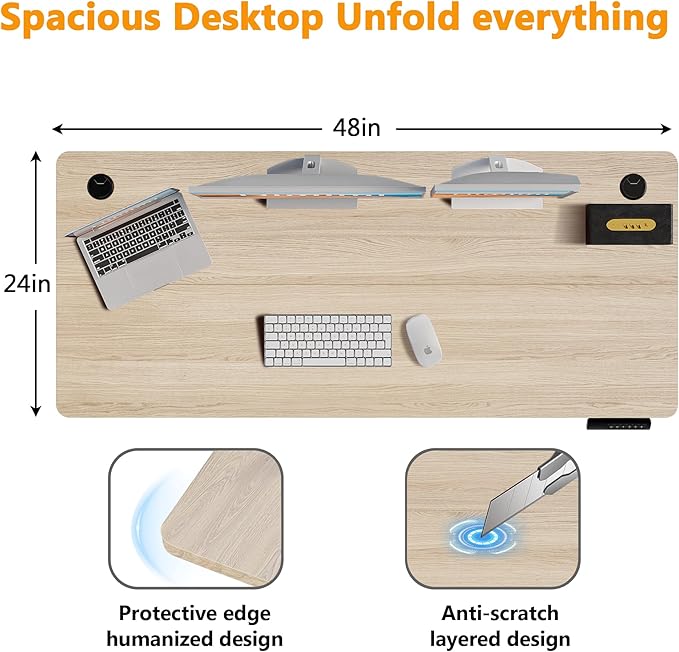 Himimi Electric Standing Desk 48 x 24 inch for Home Office,Sit-Stand Adjustable Desk with Memory Presets,Height Adjustable Desk for Gaming/Working,Free Hook, Lockable Wheels,Oak-DeskLoop Office