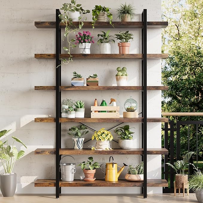 Heavy Duty 6-Tier Industrial Bookcase, 47" Wide Wood Bookshelf for Home Office, 120lbs Shelf Capacity, Rustic Open Shelving Display with Reinforced Horizontal Shelf for Living Room Bedroom-DeskLoop Office