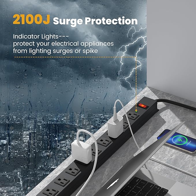 12 Outlet Long Power Strip Surge Protector with 2100 Joules, 3FT Power Cord, Wide Spaced Outlet Power Bar, Overload Protection Switch, Industrial Heavy Duty for Work Bench, Shop, Garage (Black),2 Pack-DeskLoop Office