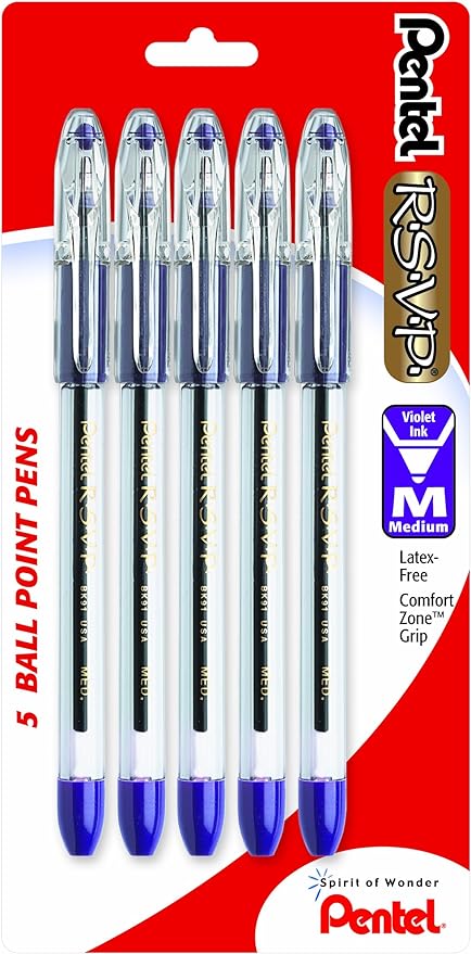 Pentel R.S.V.P. Ballpoint Pen, Medium Line, Violet Ink, 5 Pack by PentelofAmerica