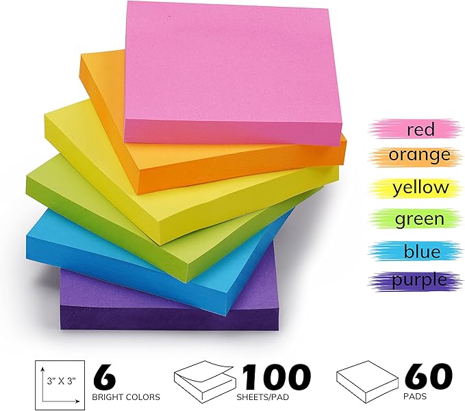 Sticky Notes Bulk, Ezzgol 60 Pads Sticky Notes, 3 X 3 Inch, 100 Sheets/Pad, Assorted Bright Colors Sticky Notes Pack,Great Sticking Power-DeskLoop Office