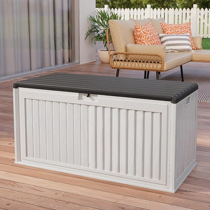 Gizoon 100 Gallon Deck Box, Resin Outdoor Storage Box with Lockable Lid, Waterproof and UV Resistant, Perfect for Storing Patio Mats, Garden Tools, Home and Outdoor Organization-DeskLoop Office