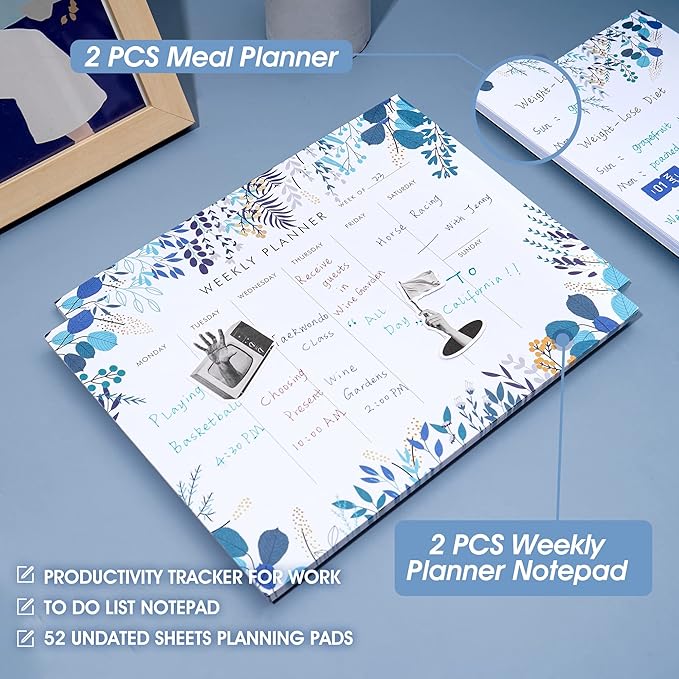 2 Pack Weekly Planner Notepad Tear Off Set of 2 Weekly Calendar Pad 52 Undated To Do List Notepad Desk Planning Pads Productivity Tracker for Work School Home Goals Notes Schedule Ideas, Blue-DeskLoop Office
