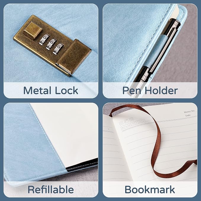 WEMATE Diary with Lock, A5 PU Leather Journal with Lock 240 Pages, Vintage Lock - Image 4