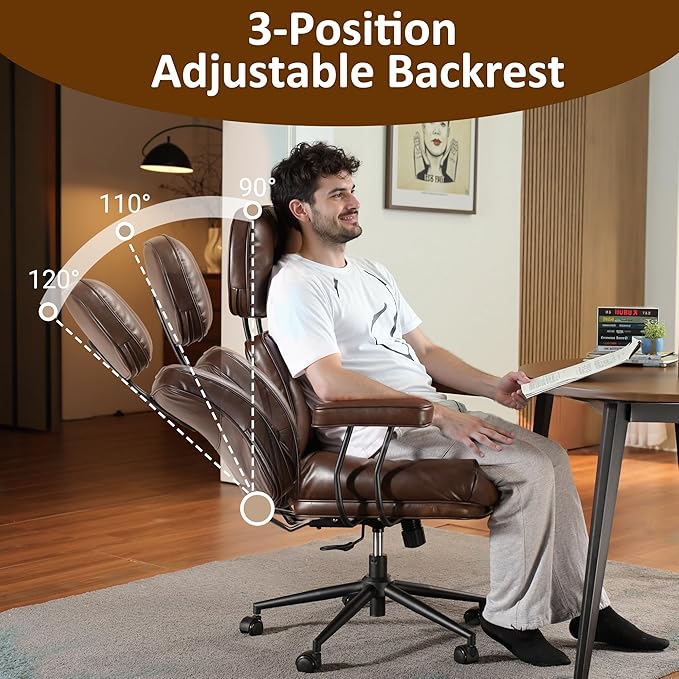 Faux Leather Executive Big and Tall Office Chair - Reclining Task Swivel PC Chair with Lumbar Support, Dark BrownPU-DeskLoop Office