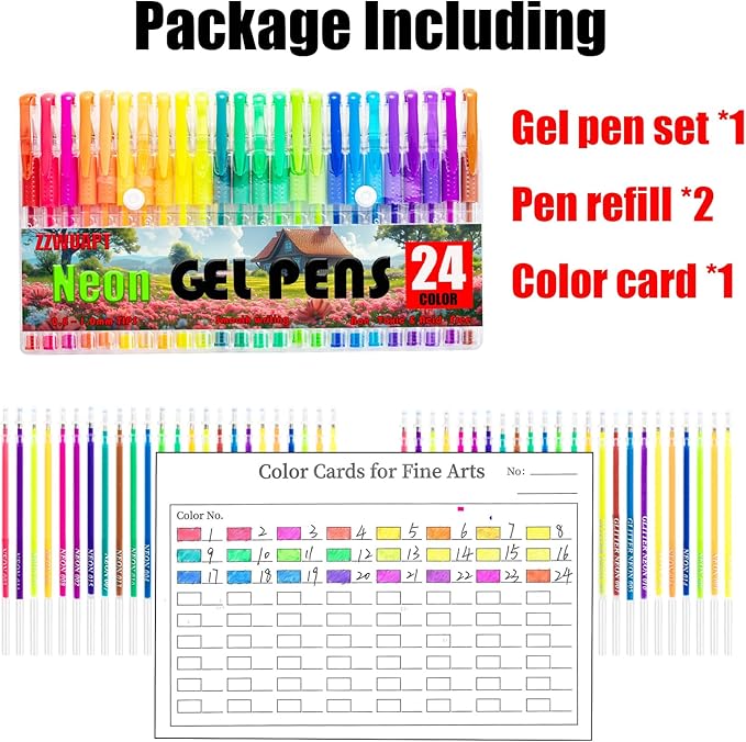 Neon Gel Pens for Coloring Book,72 Color Gel Pens Set including 24 Color Gel Pen with 48 Refills,40% More Ink Colored Gel Pens for Drawing, Doodling, Scrapbook, Journaling-DeskLoop Office