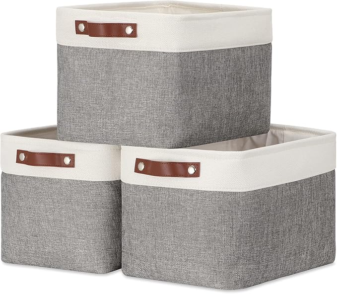 DULLEMELO Storage Baskets for Organizing, Rectangular Fabric Storage Bins Collapsible, Perfect for Shelves, Closets, Empty Gift Baskets (3-Pack Medium-15 inch X 11 inch X 9.5 inch , White&Grey)-DeskLoop Office