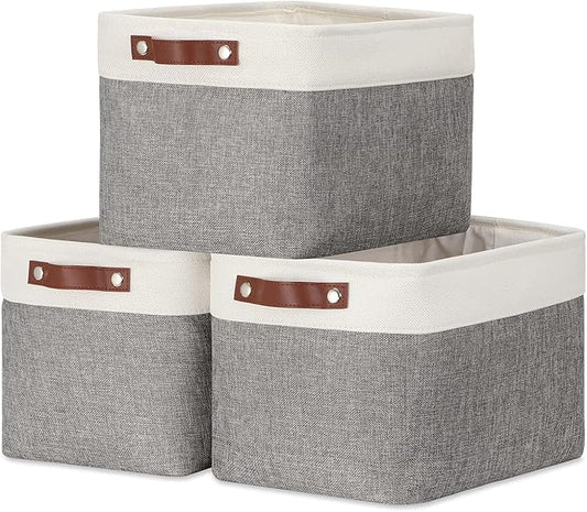 DULLEMELO Storage Baskets for Organizing, Rectangular Fabric Storage Bins Collapsible, Perfect for Shelves, Closets, Empty Gift Baskets (3-Pack Medium-15 inch X 11 inch X 9.5 inch , White&Grey)-DeskLoop Office