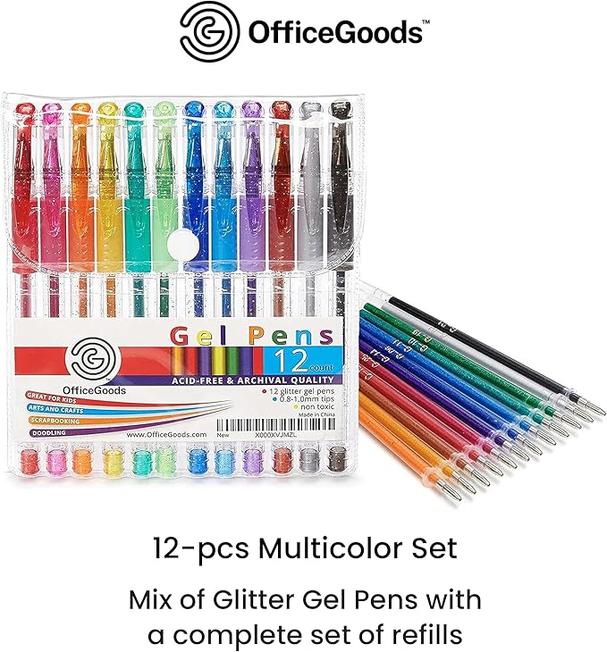 OfficeGoods Multicolor Gel Pens with Refills – Adult Coloring Journaling Art – Medium 0.8-1.0mm Tips – Non-Toxic Gel Pens Set – Quick Dry Smudge-Free 12 Pack Colors-DeskLoop Office