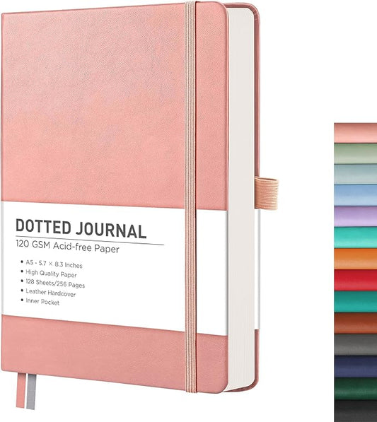 RETTACY Bullet Dotted Journal Notebook, 256 Pages, A5 Medium Size (5.7'' × 8.3''), Leather Hardcover, 120 GSM Thick Paper, for Bullet Journaling, Planning, Tracking (Pink)-DeskLoop Office