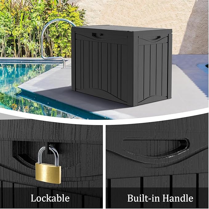 45 Gallon Lockable Resin Deck Box, Waterproof & UV-Resistant Outdoor Storage Box for Outdoor Cushion Storage, Garden Tools & Pool Accessories Storage, Black-DeskLoop Office