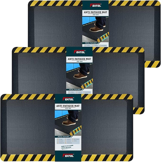 FEATOL Anti Fatigue Mats Industrial 3 Packs, Ergonomic Standing Floor Mat for Work for Stand, Black with Yellow Border Safety 20" x 32"-Support for Leg & Back Pain-DeskLoop Office