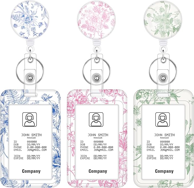 3 Set Floral Badge Holder Retractable Reel ID Badge Holders by BESARME