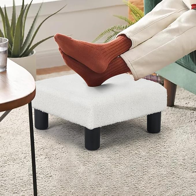 Joveco Small Foot Rest Stool Ottoman, Square Boucle Upholstered Footrest with Plastic Legs, Under Desk Footstool for Chair, Office, Living Room, White-DeskLoop Office