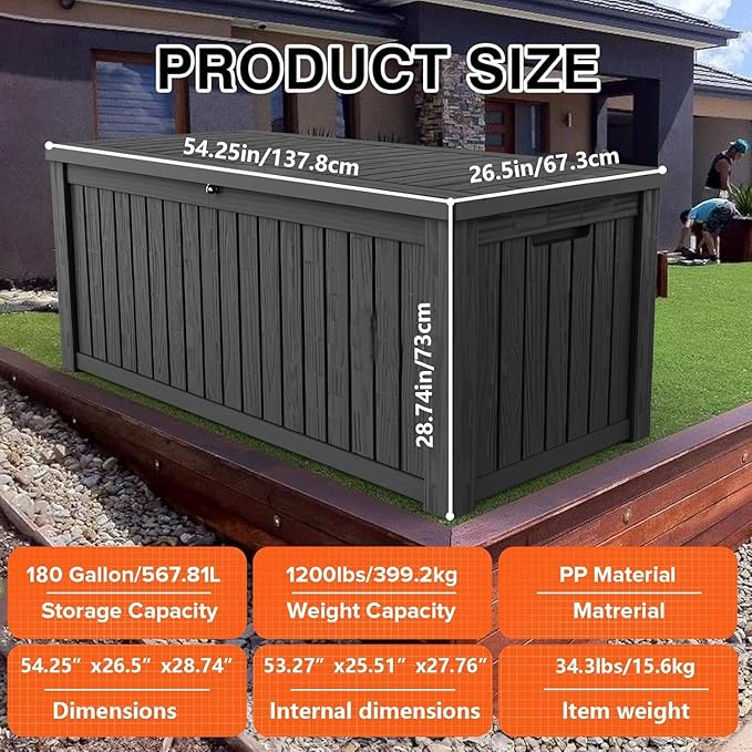 180 Gallon Resin Deck Box, Waterproof Outdoor Storage Bin for Patio Furniture, Pool Accessories, and Garden Tools, Lockable & UV-Resistant, Black-DeskLoop Office