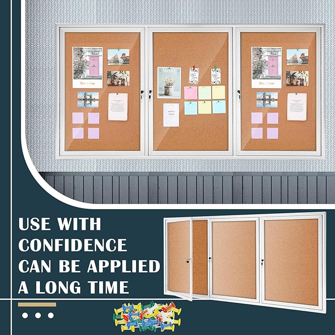 72" x 36" Enclosed Bulletin Board Outdoor 3 Door Weatherproof Tamper-Proof Enclosed Cork Board with Lock Aluminum Frame Display Case for Back to School, Office Commercial, 18xA4(Wood Color)-DeskLoop Office